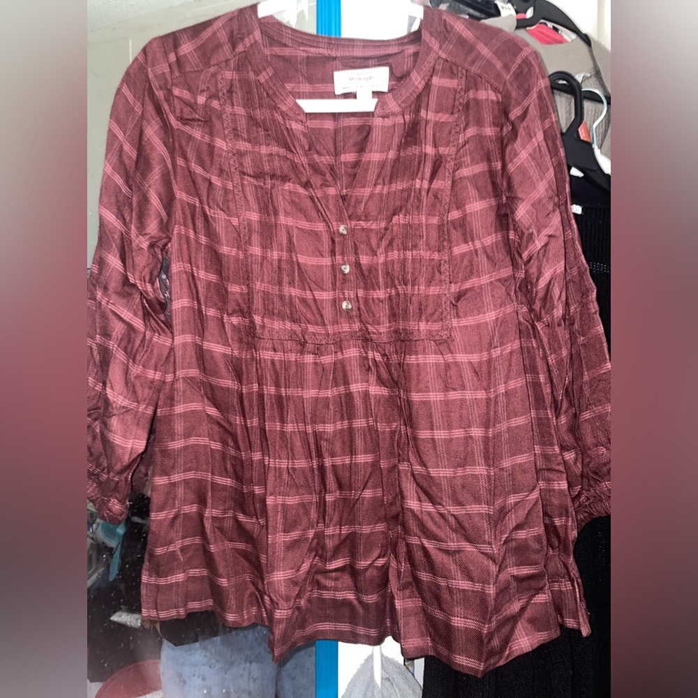 Womens new Small plaid 3-4 Sleeve Peasant Top in Berry
